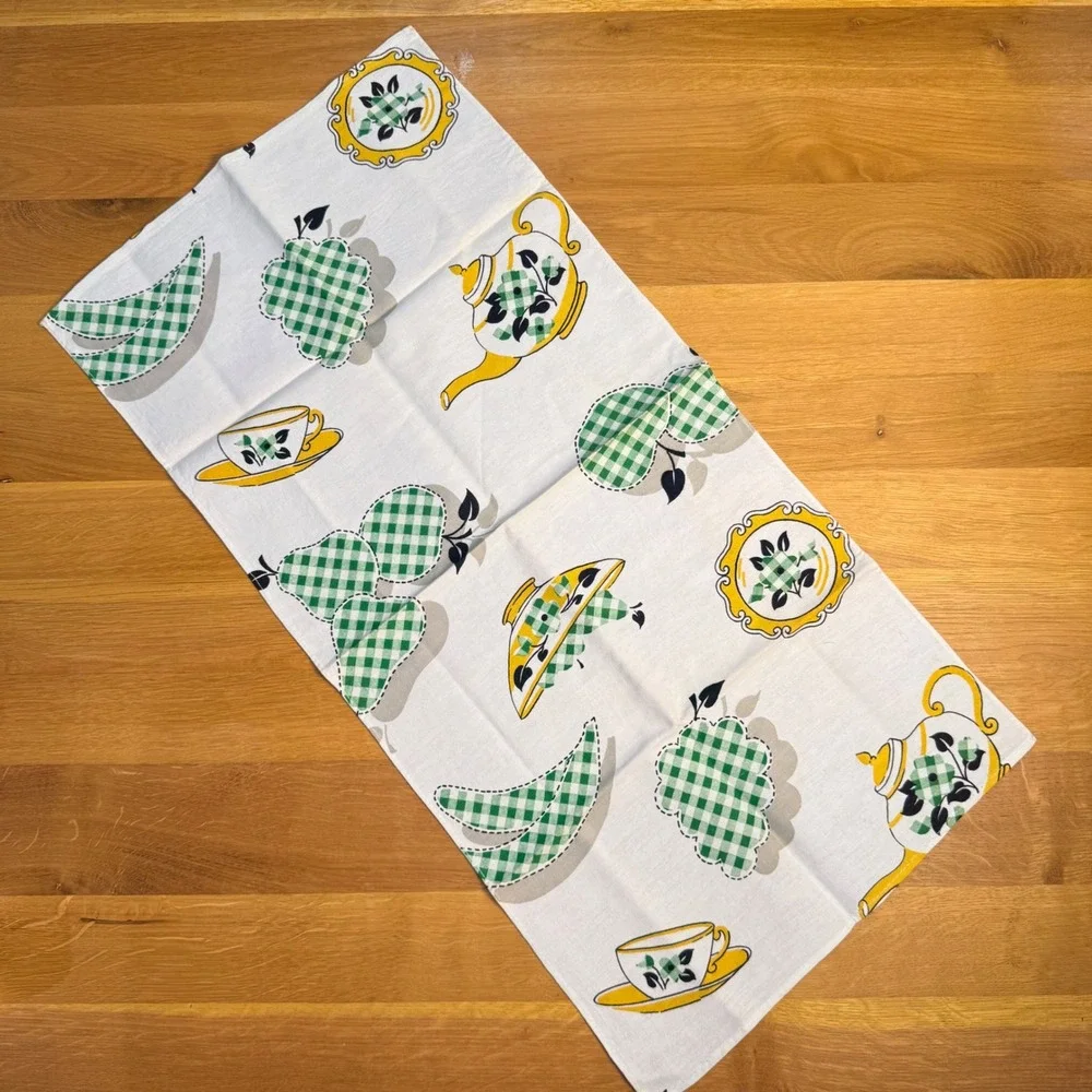 Vintage Mid Century Tea‎ Towel Green Gingham Teapot Fruit Yellow White Retro MCM